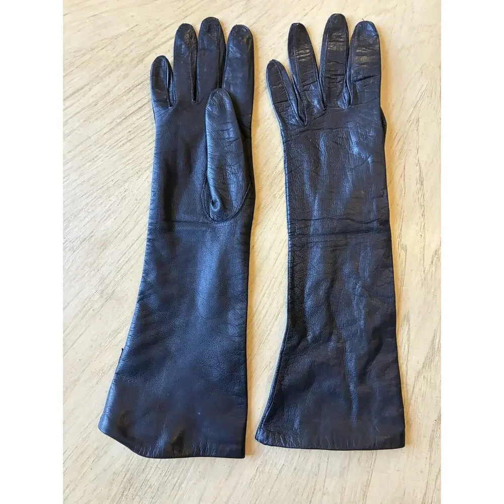 Vtg 50s Black REAL KIDSKIN Leather Gloves Sz 7 Belgium Opera Silk Lined Long 14”